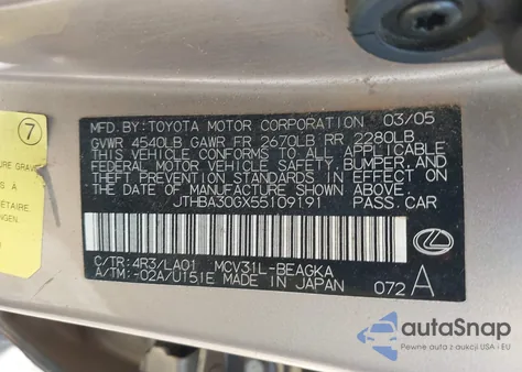 2005 Lexus Es 330 from USA, damaged, VIN JTHBA30GX55109191